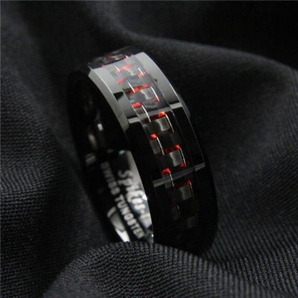 Men's Wedding Band Ring - 8mm Black and Red Carbon Fiber - Wedding Rings - Picture 3 of 5